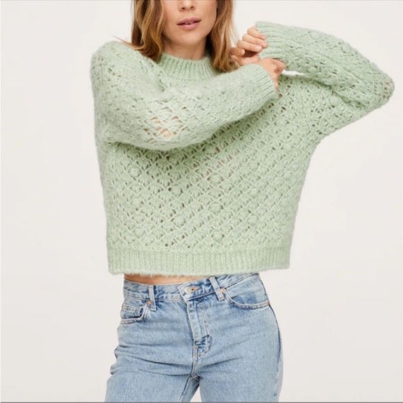 Mango Openwork Knit Sweater Chunky Pom Rounded Neckline Ribbed Trim Pastel Sz XL - Picture 3 of 8